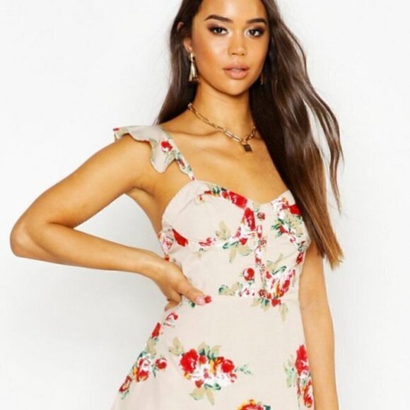 Nwt- Boohoo-Floral Sweetheart Ruffle Hem Shift Dress - Picture 7 of 15